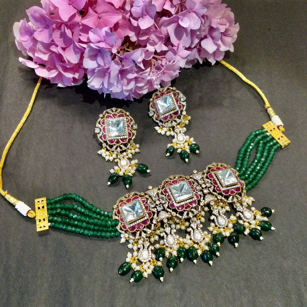 OP1007 LEGACY POLKI CHOKER SET RED AND GREEN WITH HANGING PERALS