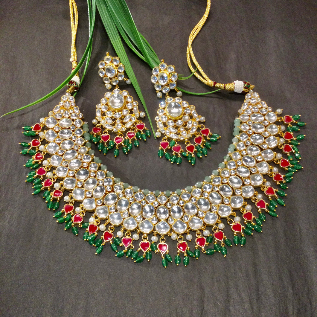 KJ453 LEGACY MULTI LAYER KUNDAN SET WITH RED GREEN ACCENTS