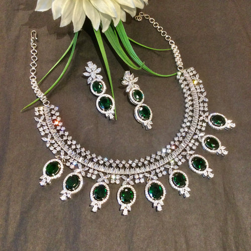 GA804 GLAMOUR CZ NECKLACE SET WITH HANGING GREEN EMERALD STONES AND LONG EARRINGS