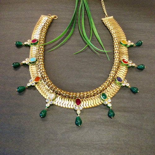 TD896 TRADITIONAL GOLD MESH MULTI MEENA NECKLACE