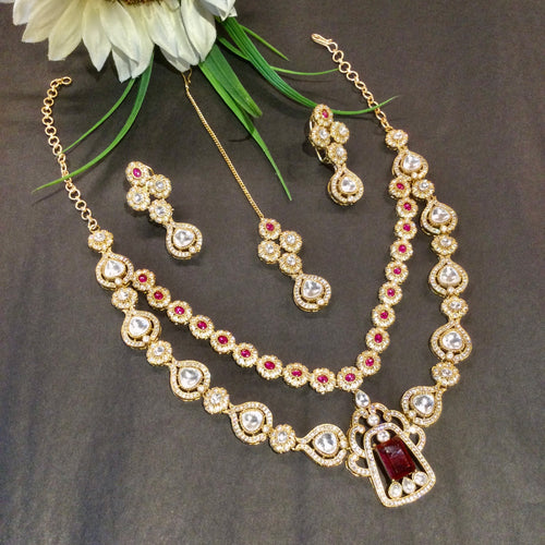 SG3920 GLAMOUR 2 LINE ANTIQUE KUNDAN SET IN RED WITH TIKKA