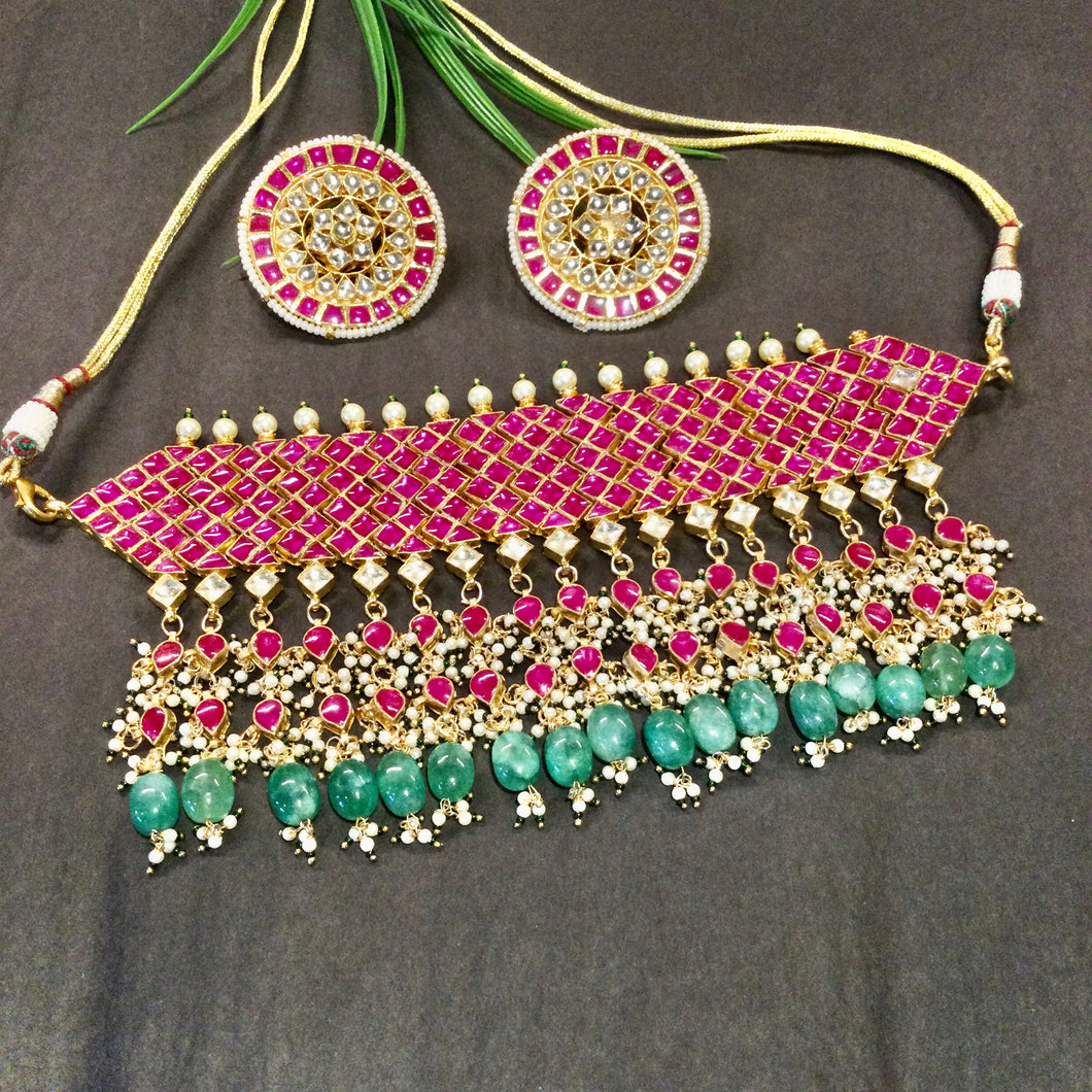 PP4364 LEGACY CRISSCROSS CHOKER SET WITH BIG STUDS RUBY RED AND GREEN DROPS