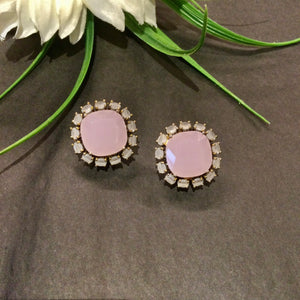 OP448 EARRING STUDS - SQUARE STONE - PINK