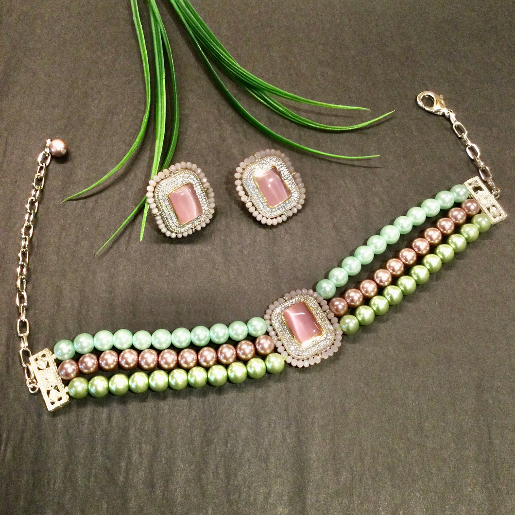 TD1633 LEGACY PEARL CHOKER SET CENTER PINK STONE