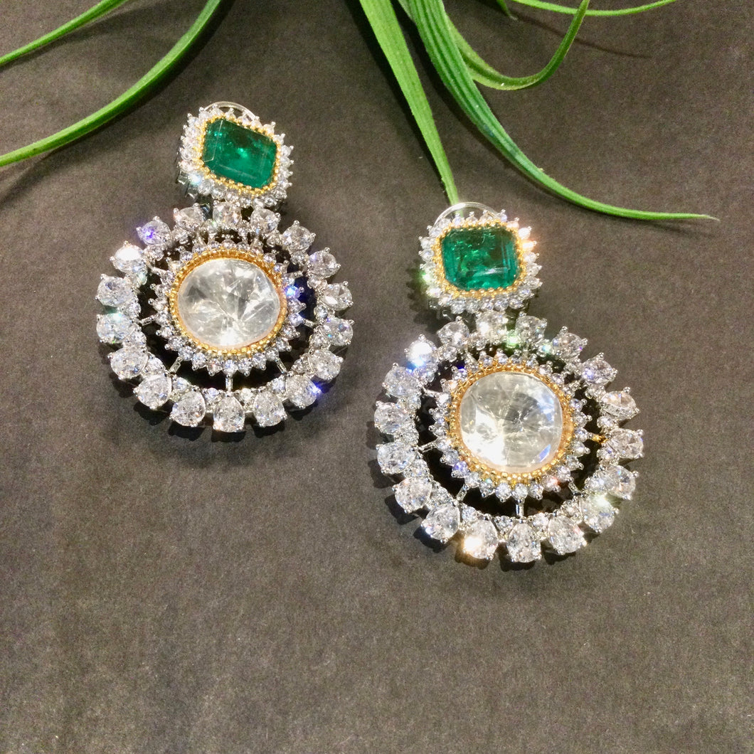 GA822 EARRING CZ EMERALD GREEN SQUARE TOP AND POLKI ROUND STONES