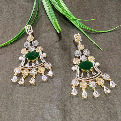 SG4093 EARRING CZ TWO TONE LONG GREEN