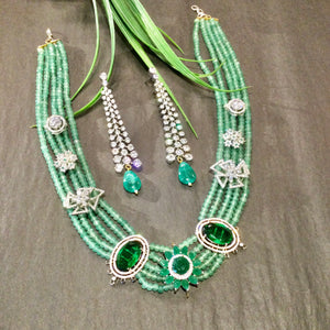 KJ451 GLAMOUR GREEN LAYERED SET WITH CZ AND EMERALD ACCENTS AND LONG EARRINGS