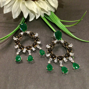 VD133 EARRINGS CZ SMALL BLACK HOOPS WITH GREEN HANGING STONES