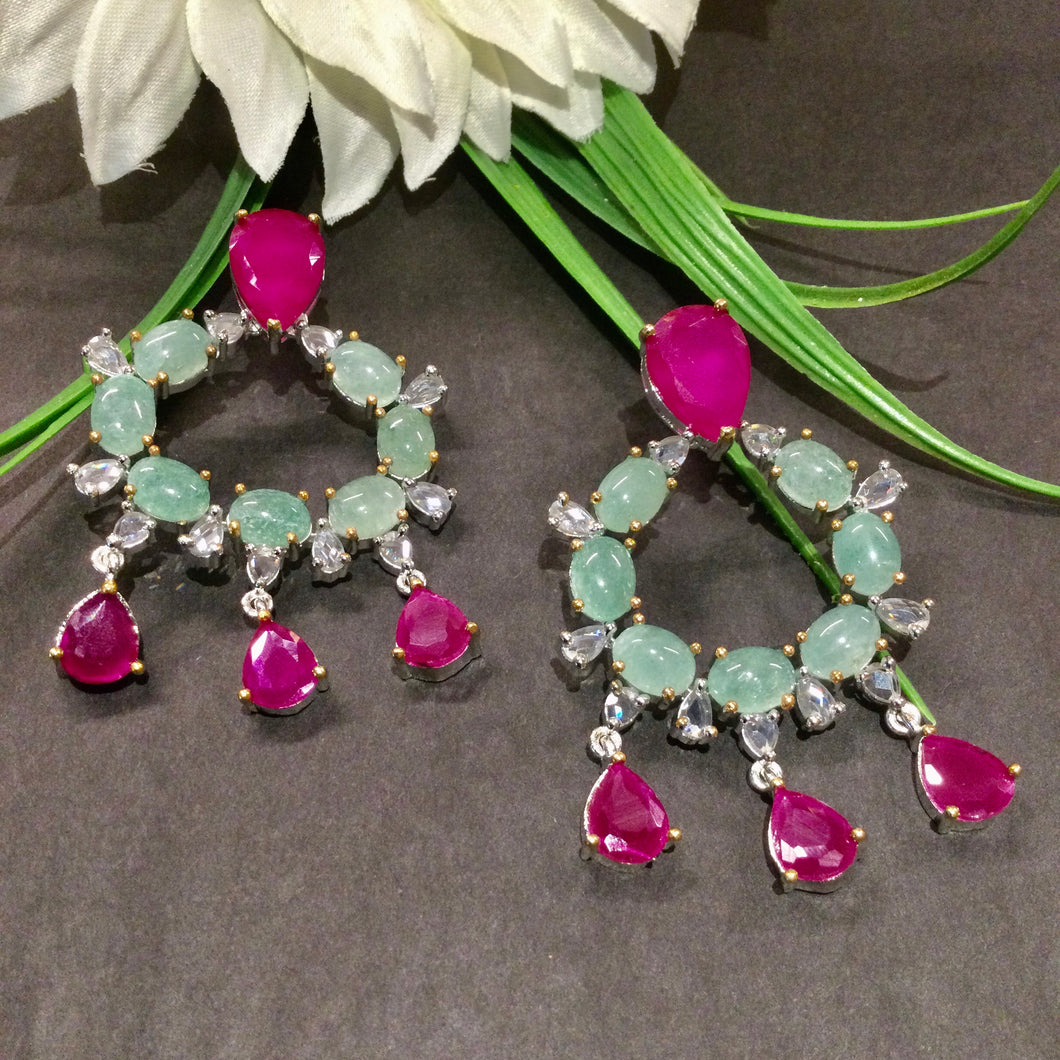 VD132 EARRINGS CZ SMALL MINT HOOPS WITH RUBY HANGING STONES