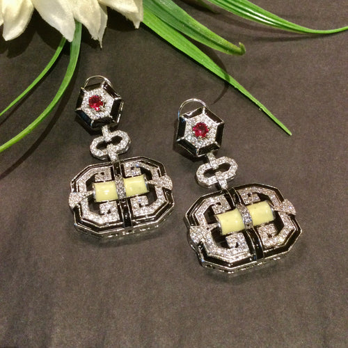 OP895 EARRING CZ RUBY AND CREAM LONG BLACK BORDER