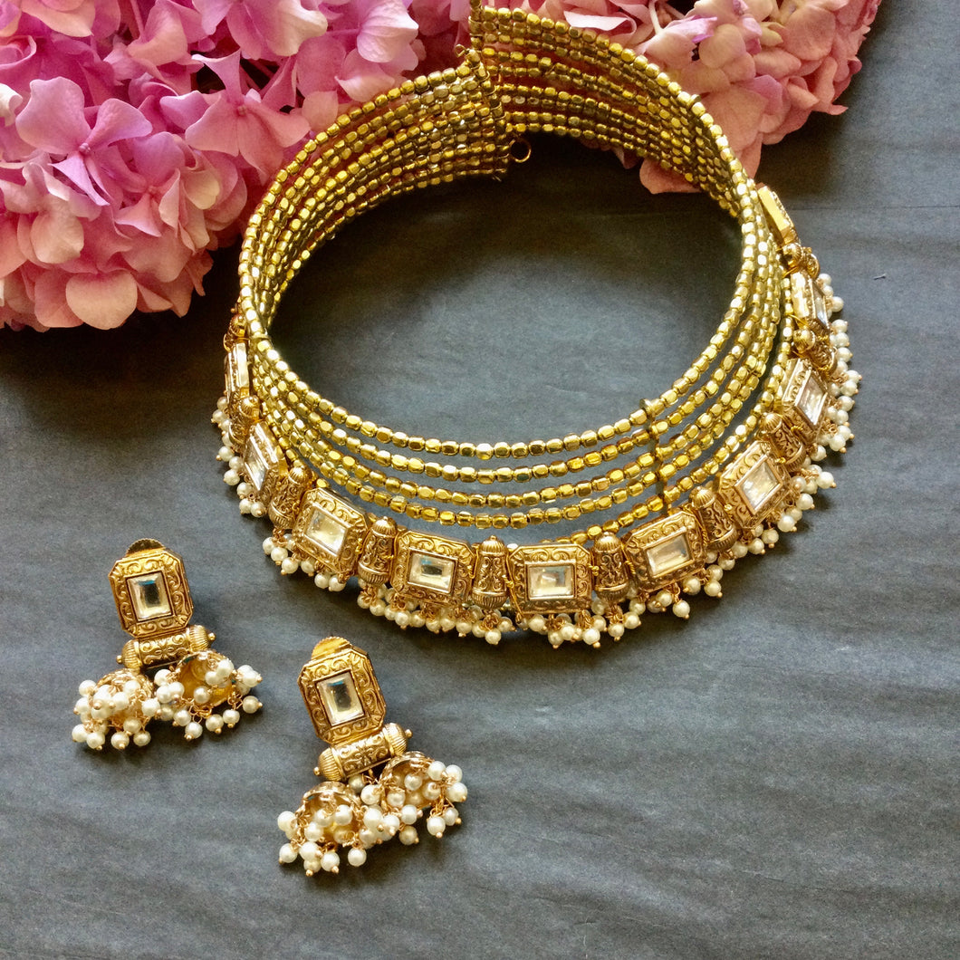 SG3783 WIRE CHOKER GOLD WITH GOLD JHUMKA