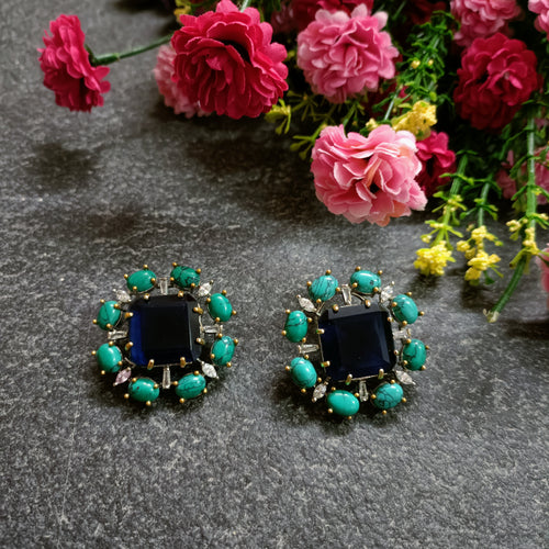 PP6540 EARRING SQUARE SAPHIRE STUDS CZ BLUE STONE OUTLINE
