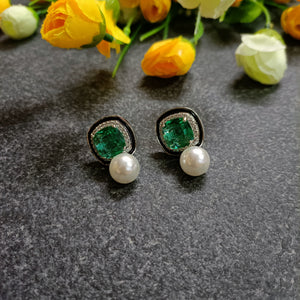 PP6544 EARRING CZ GREEN AND BLACK WITH PEARL DROP