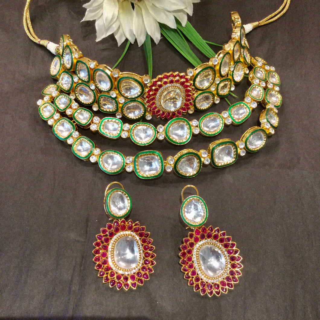 OP595 LEGACY 3 LAYER POLKI WITH CENTER RUBY PENDANT AND EARRINGS