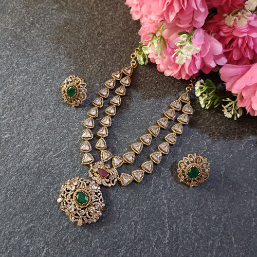 PP6366 LEGACY 2 LINE CHANTELLE KUNDAN SET WITH CENTER PENDANT RUBY AND GREEN
