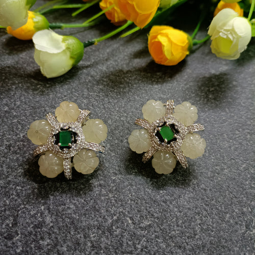 PP6547 EARRING CZ BIG BLUSH FLOWER STUDS GREEN CENTER STONE
