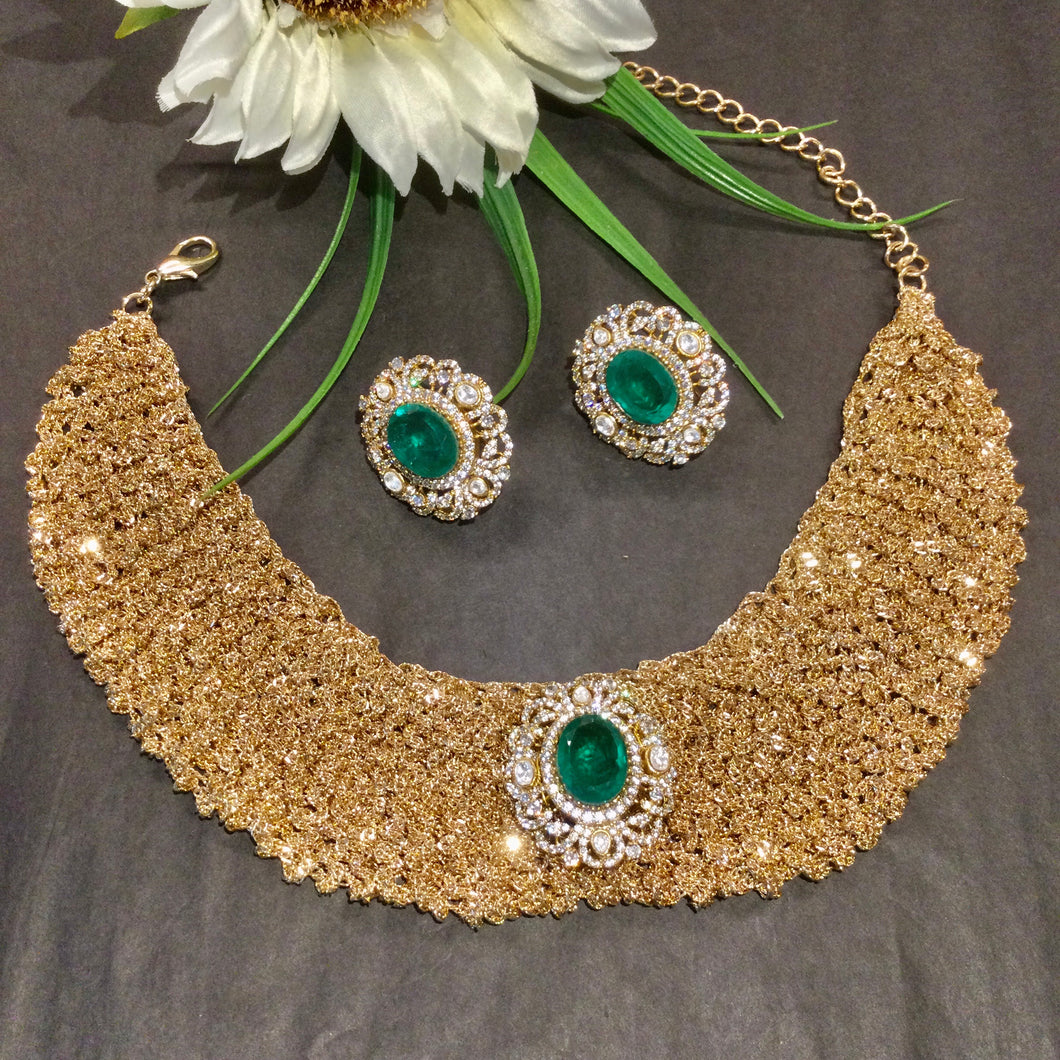 SG3768 GLAMOUR BRONZE MESH WITH CENTER GREEN STONE WITH EARRINGS