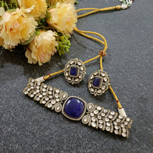 PP6822 LEGACY POLKI CHOKER SET SQUARE CENTER STONE BLUE