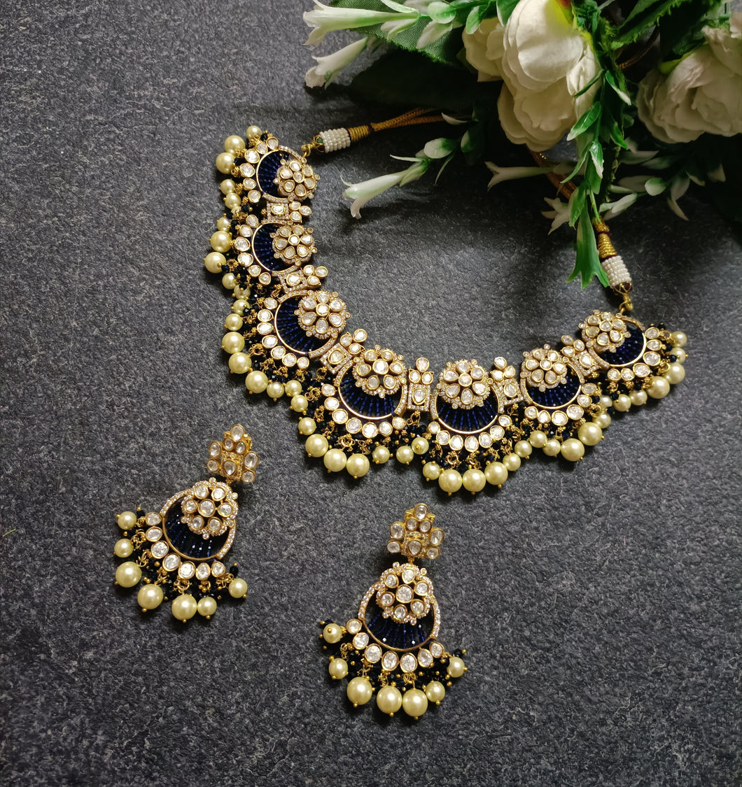 PP6632 LEGACY SAPHIRE CZ KUNDAN FLOWER SET WITH HANGING PEARLS AND EARRINGS