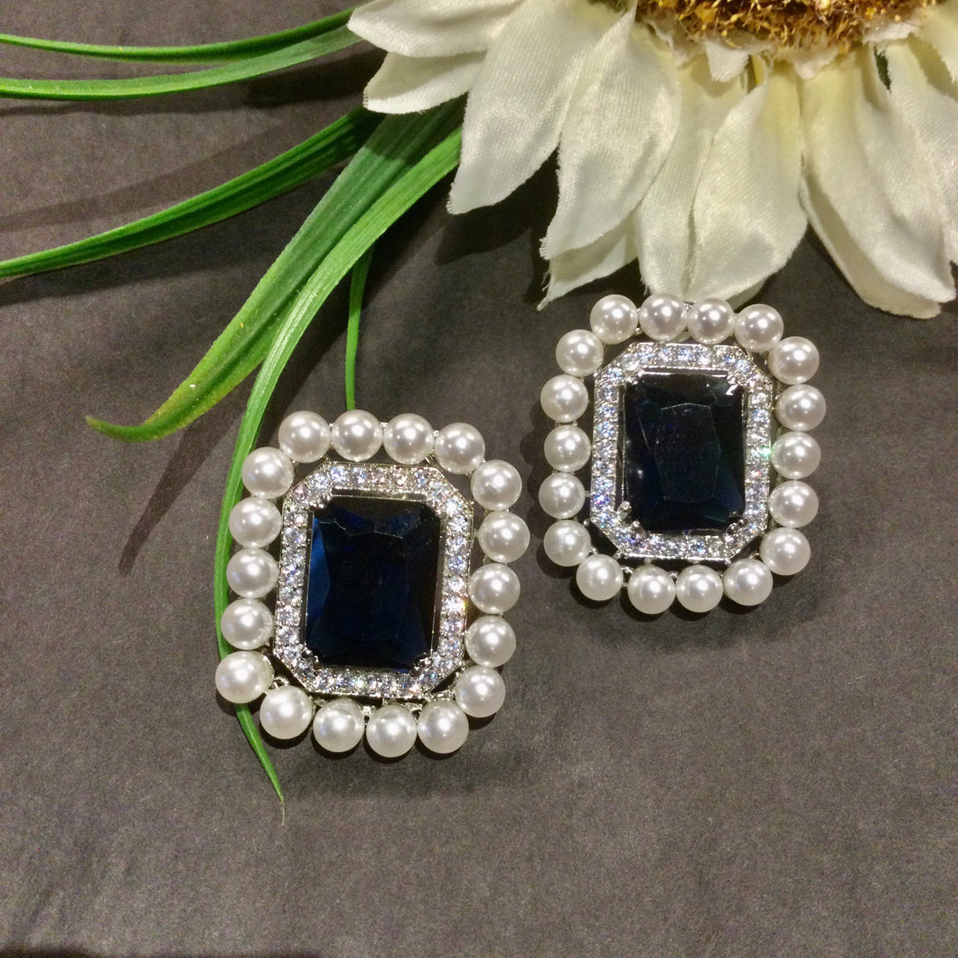 GA746 EARRING SQUARE SAPPHIRE STUDS  CZ PEARL OUTLINE