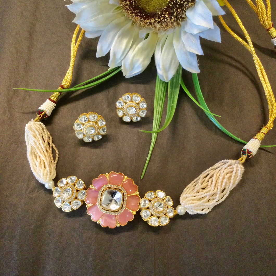 OP824 LEGACY PINK FLOWER POLKI CHOKER SET