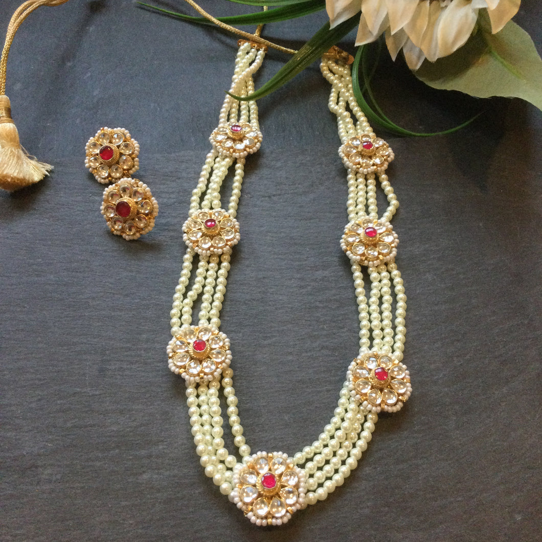 KJ238 LEGACY PEARLS AND RED FLOWER KUNDAN SET