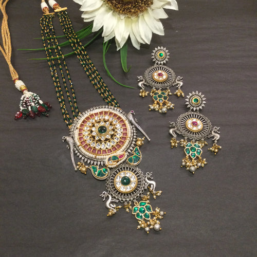 SG3389 TRIBAL LONG GERMAN SILVER AND KUNDAN SET