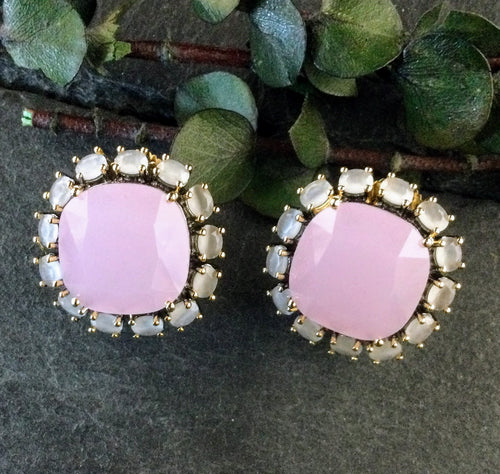 OP447 EARRING STUDS - SQUARE STONE - PINK