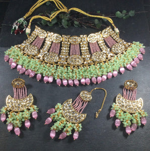 SG3167 LEGACY BRIDAL PINK VERTICAL BEADS AND MINT HANGING PEARLS WITH KUNDANA ND WITH EARRINGS AND TIKKA