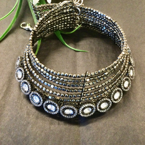SG3608 WIRE CHOKER OXIDISED KUNDAN SINGLE LINE AD