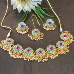 CS76 LEGACY SARI SILK THREADWORK SET WITH TIKKA AND EARRINGS - LIGHT GREEN