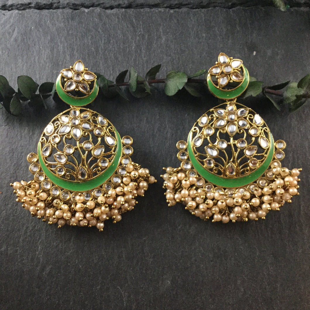 PP3487 EARRING KUNDAN LIGHTWEIGHT BALI HANGING PEARLS GREEN