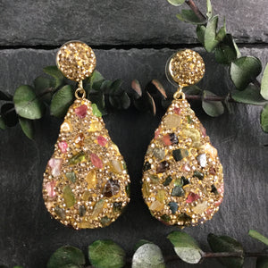 TD1129 EARRING MOROCCAN MULTI STONE GOLD CRYSTALS OVAL